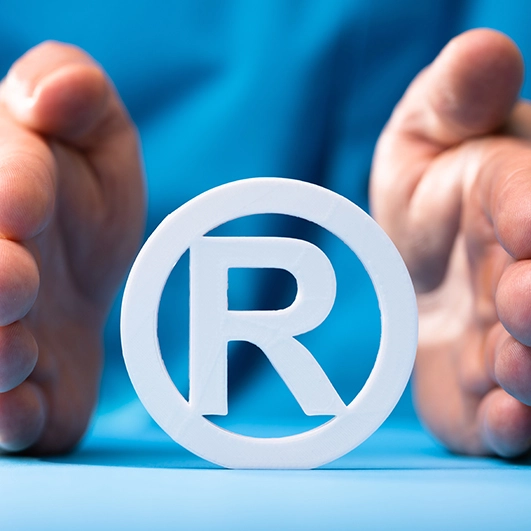 A professional seated at a desk carefully protects the registered trademark symbol, symbolizing the importance of intellectual property in today's competitive market A professional seated at a desk carefully protects the registered trademark symbol, symbolizing the importance of intellectual property in today's competitive market